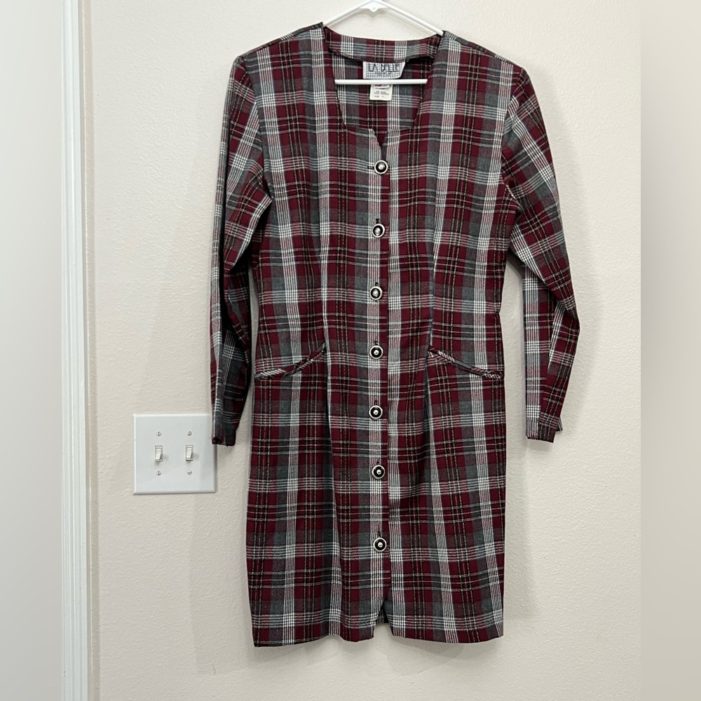 Vintage La Belle Fashions Inc Plaid Long Sleeve Button Down Mini Dress